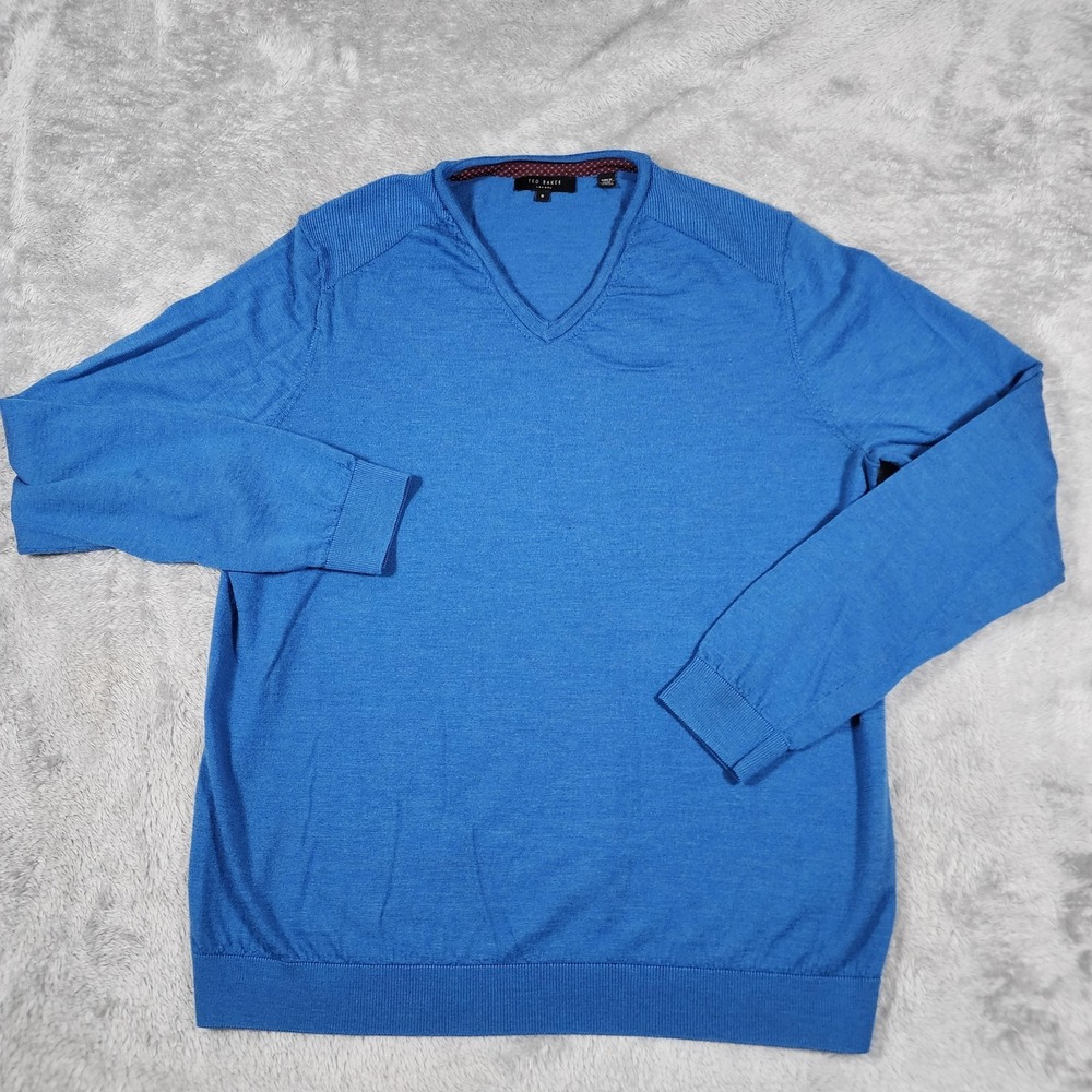 Ted‎ Baker London Sweater Mens 2XL XXL Blue V-Neck 100% Merino Wool Pullover